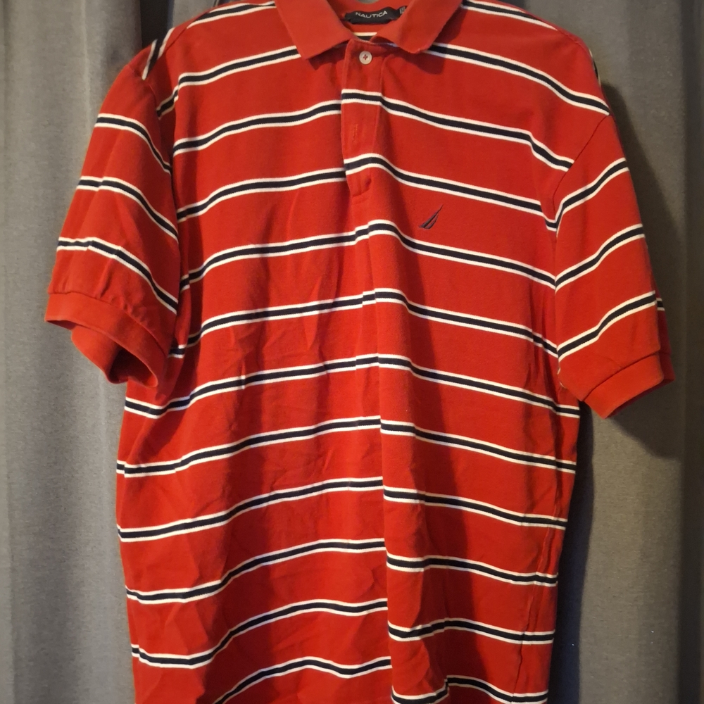 Nautica Men's Polo Shirt in Red with White and Black Stripes